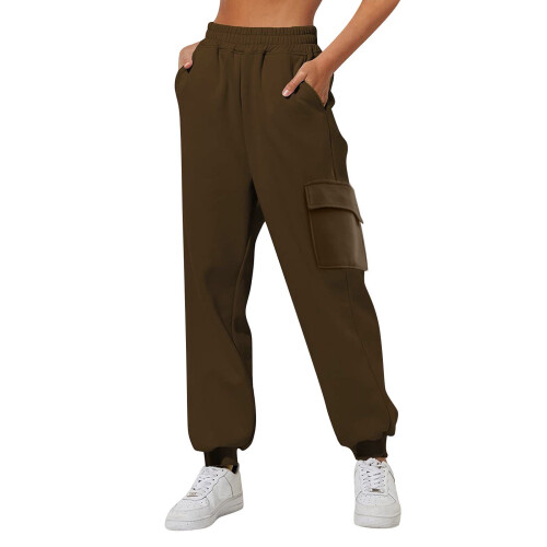 Fleece Pants Women High Waisted Brown M 1