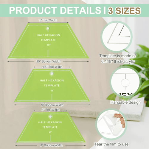 Quilting Template Acrylic Half Hexagon 3 pcs 8 9 10 inch 2