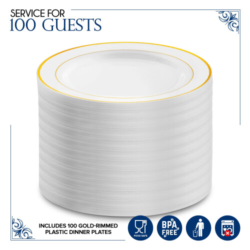 Plastic Dinner Plates White Gold 10.25 Inch 100 Pack 1