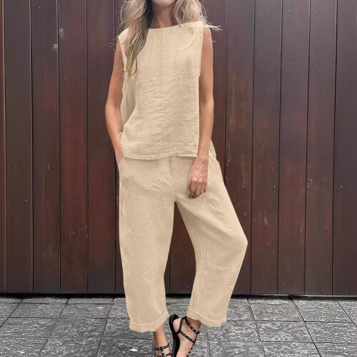 Women's Cotton Tracksuit Set Solid Sleeveless Top and Pants 1