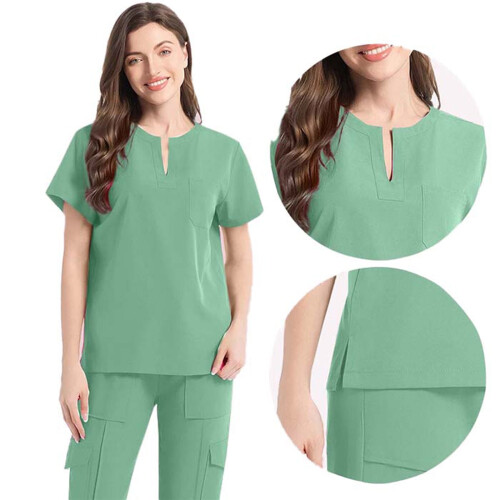 Women's Scrubs Set Green Solid Loose Drawstring Pants and 2