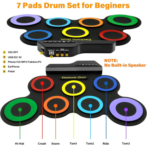 Portable electronic drum set 7-pad roll-up kit with pedals 1