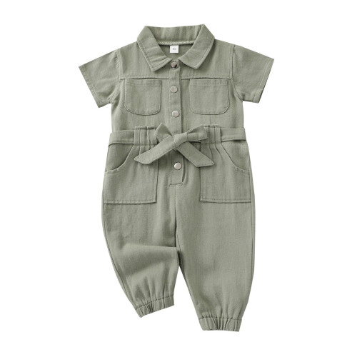 Children's Short Sleeve Denim Jumpsuit Solid Color 1