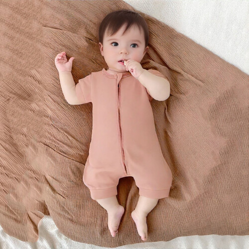 Baby Rompers Solid Color Front Zipper Short Sleeve Jumpsuit 2