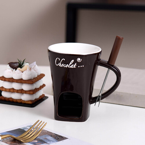 Ceramic Chocolate Fondue Cup with Fork and Candle 2