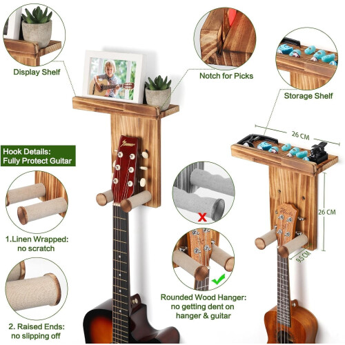 Wooden Guitar Wall Mount with Shelf 2-Pack 2