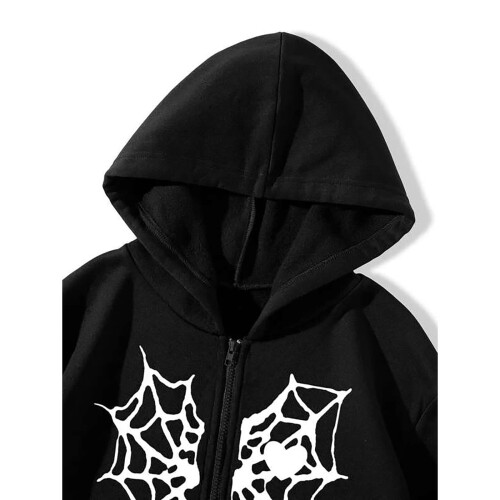 Oversized Zip-Up Hoodie Gothic Spider Web Graphic 2