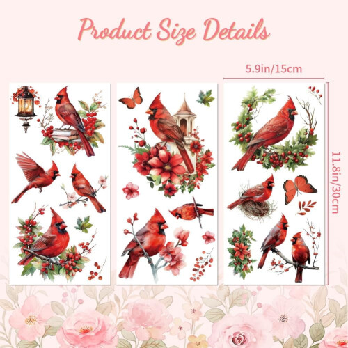 Rub-on Transfer Decals Christmas Cardinal Birds 6x12 in 3 1
