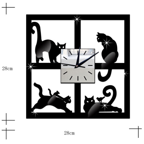 Cat Mirror Wall Clock Black Modern 12-inch 1