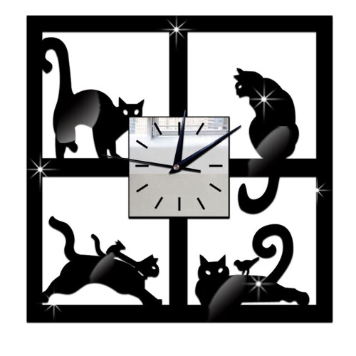Cat Mirror Wall Clock Black Modern 12-inch 2
