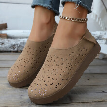 Women's Khaki French Flat Slip-Ons PU Round Toe Size 39 EU