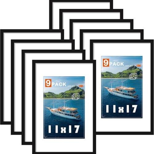 Schwarzes 11x17-Bilderrahmen-Set mit 9 Teilen, passend für 8x12-Bilder mit Passepartout oder 1