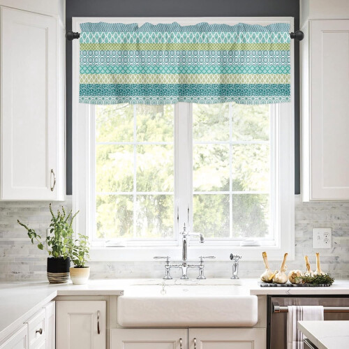 Boho Rod Pocket Curtain Valance Teal Blue Green Geometric 1