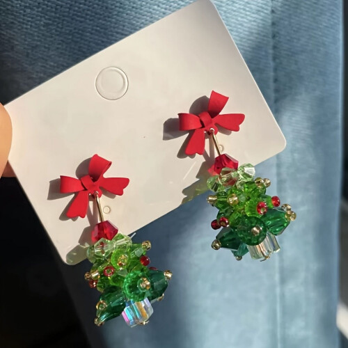 Crystal Christmas Tree Earrings with Red Bow Stainless 1