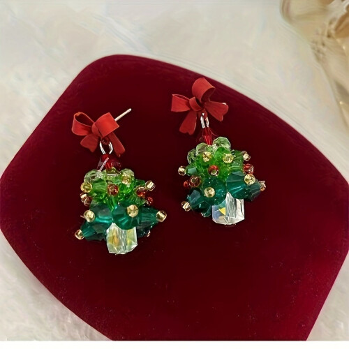 Crystal Christmas Tree Earrings with Red Bow Stainless 2