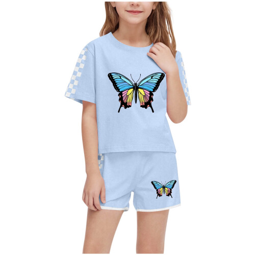 Butterfly Checkered Sleeve Outfit Set Sky Blue 2-Piece for 1