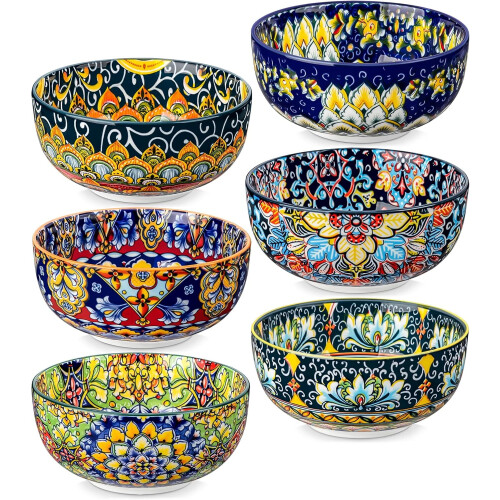 Bohemian ceramic cereal bowls 6-pack 28 oz 2