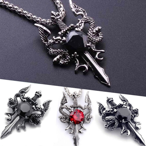 Vintage Double Dragon Sword Necklace Red Black Crystal 1