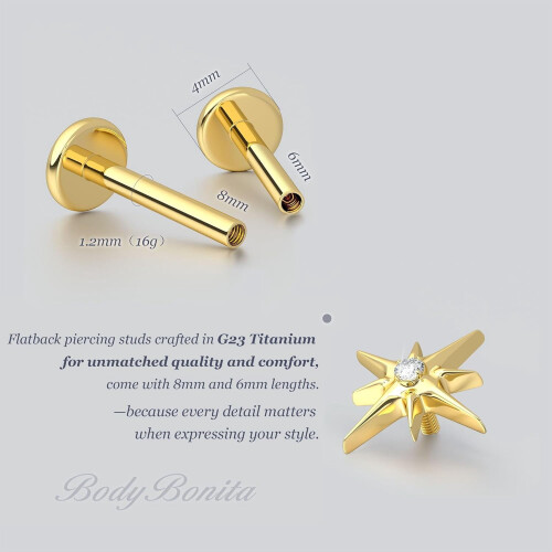 Gold Stud Earrings 16G Flat Back Titanium Internal Thread 2