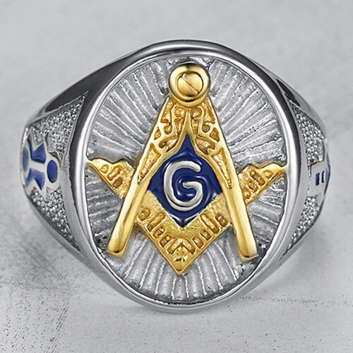 Stainless Steel Masonic Master Mason Ring Blue Gold Two Tone 2