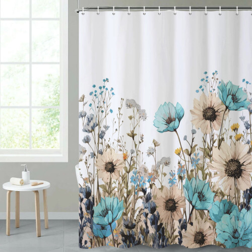 Blommig duschdraperi blågrön polyester 150x180 cm 1