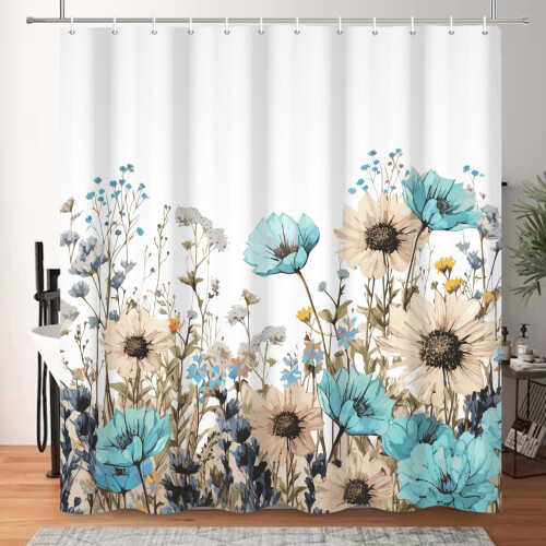 Blommig duschdraperi blågrön polyester 150x180 cm 2