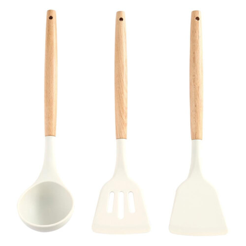 White Silicone Kitchen Utensils Set with Wooden Handle 3PCS 1