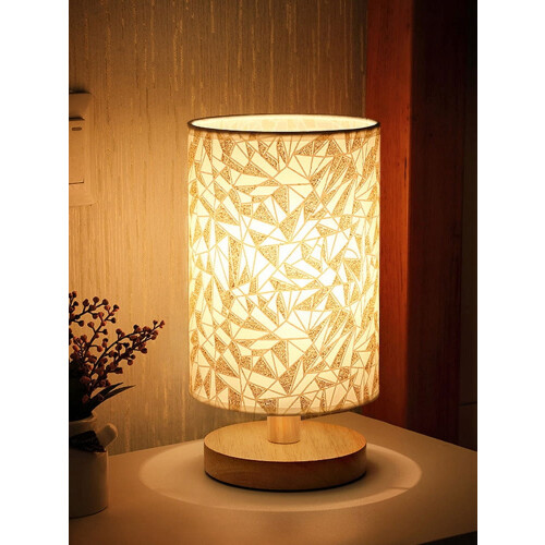 Linen Table Lamp Warm White LED USB Powered Wooden Bedside 2