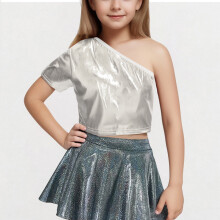 Girls One-Shoulder Short-Sleeve Shiny Dance Crop Top