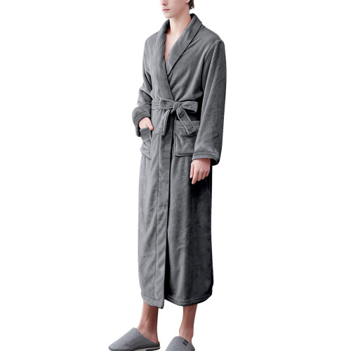 Women's Terry Cloth Flannel Bathrobe Grey Double Pockets 1