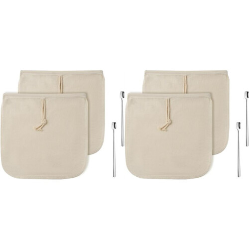 4x Sacos Reutilizáveis para Café Cold Brew - Sacos de Filtro Grandes de Algodão Orgânico de 32,5 cm (12,8 Polegadas) com Colheres