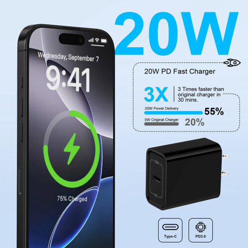 20W USB-C PD Wall Charger with 6ft Cable 1