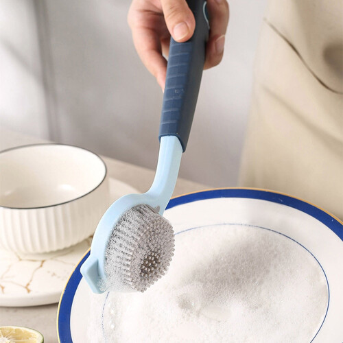 Escova de silicone para lavar louça, ideal para panelas e frigideiras, com cabo longo. 1