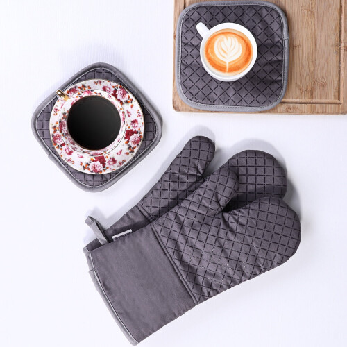 Oven Mitts Grey Protective Set for Baking Barbecue 2 Pcs 2