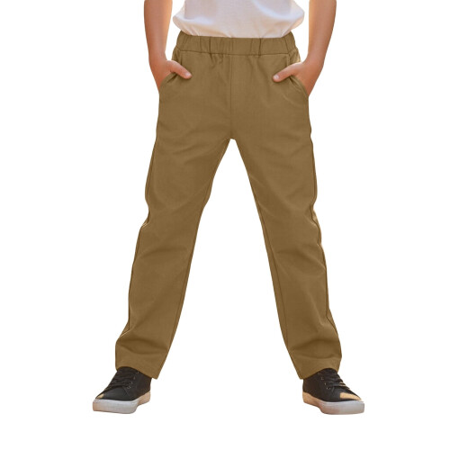 Calça chino infantil marrom, modelo pull-on, com bolsos, tamanho 6-7 anos.