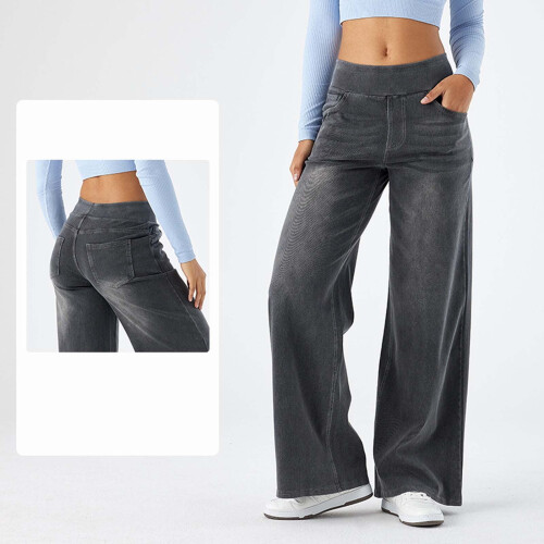 Calça jeans feminina cinza de cintura alta e pernas largas com elastano 2