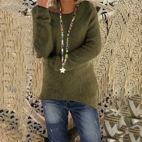 Women's fuzzy jumper sweater solid color long sleeve round 1