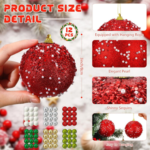 Glitter Sequin Christmas Ball Ornaments Red 12 pcs 1