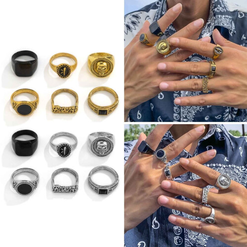 Punk Chain Rings Set for Men Silver Gold Vintage Geometric 2