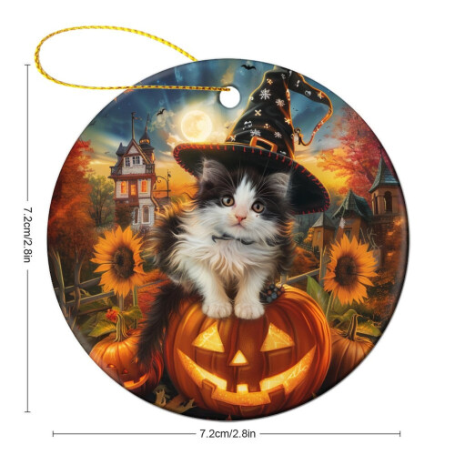 Kitten Witch Hat Ceramic Ornament Black White 1pc 1