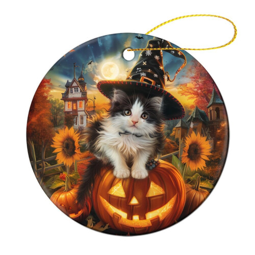 Kitten Witch Hat Ceramic Ornament Black White 1pc 2