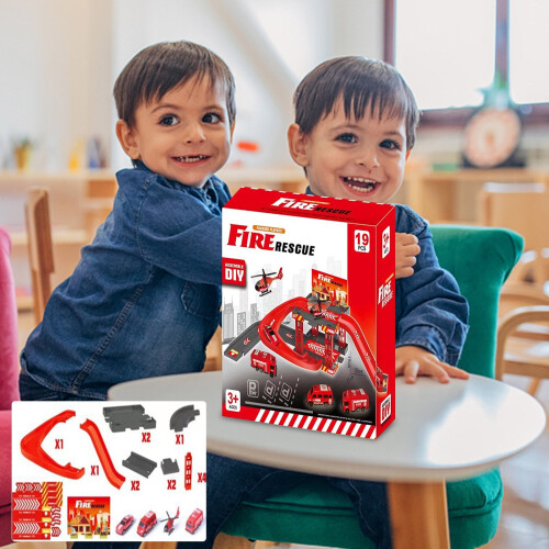 Set di piste per camion dei pompieri con parcheggio per bambini – STEM 1