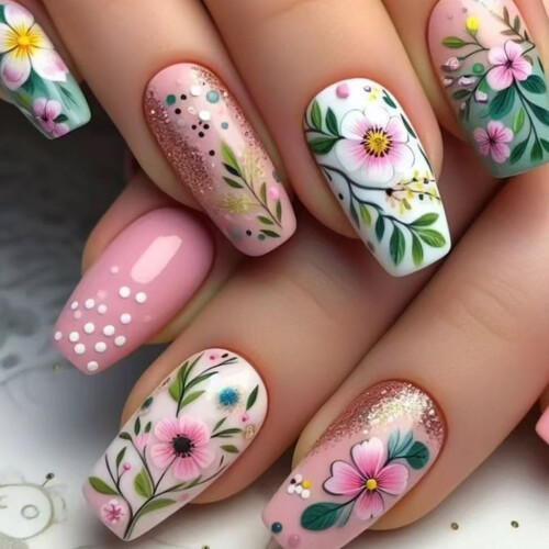 Unhas postiças em formato de caixão com design de flor da primavera - 24 peças 1