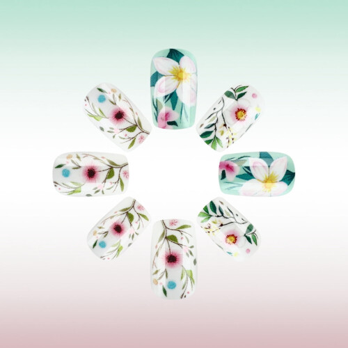 Unhas postiças em formato de caixão com design de flor da primavera - 24 peças 2