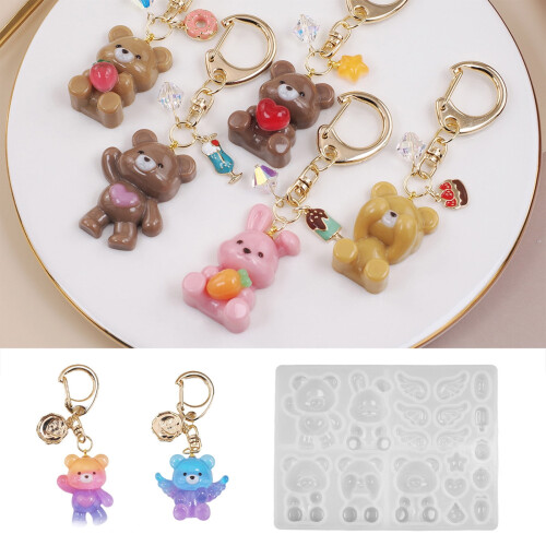 Molde de silicone para chaveiro de urso e coelho em resina (1 peça) 1