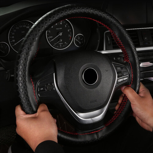 Hand-sewn leather steering wheel wrap brown embossed pattern 1