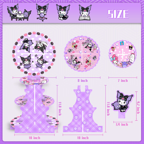 Suporte para cupcakes Kuromi de papelão com 3 andares, com enfeites e 1