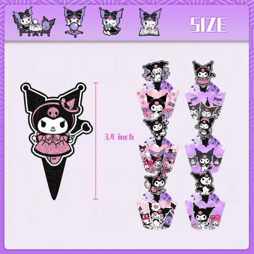 Suporte para cupcakes Kuromi de papelão com 3 andares, com enfeites e 2