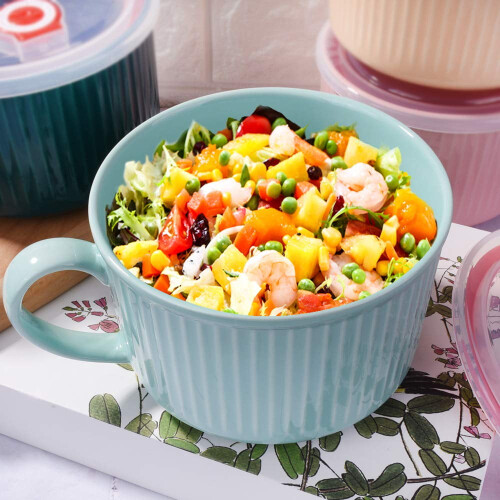Microwavable Ceramic Soup Bowl with Handle and Lid 30.4 oz 1