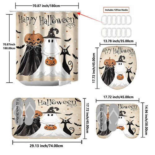 Σετ κουρτινών μπάνιου για το Halloween με σχέδιο κολοκύθας, αντιολισθητική 1